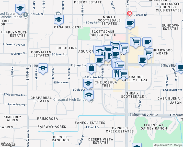 map of restaurants, bars, coffee shops, grocery stores, and more near 6945 East Cochise Road in Paradise Valley