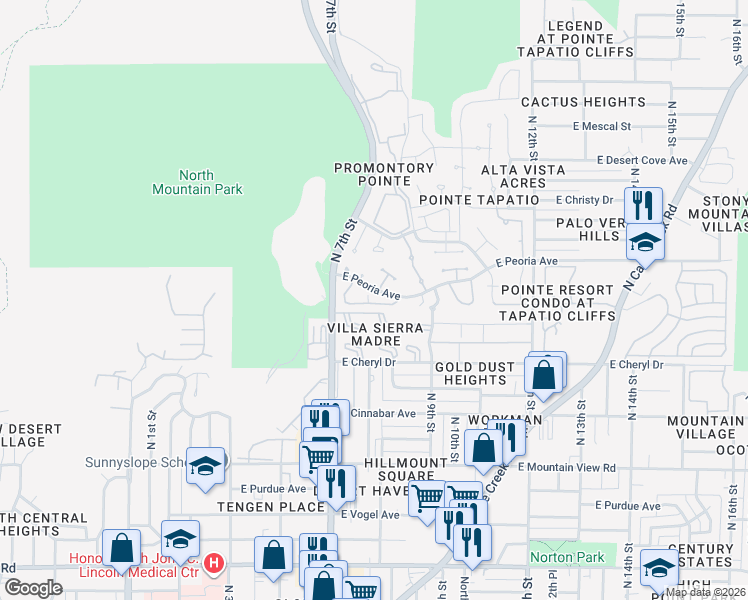 map of restaurants, bars, coffee shops, grocery stores, and more near 735 East North Lane in Phoenix