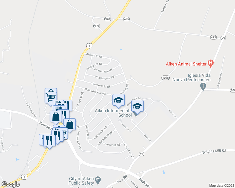 map of restaurants, bars, coffee shops, grocery stores, and more near 1316 Aldrich Street Northeast in Aiken