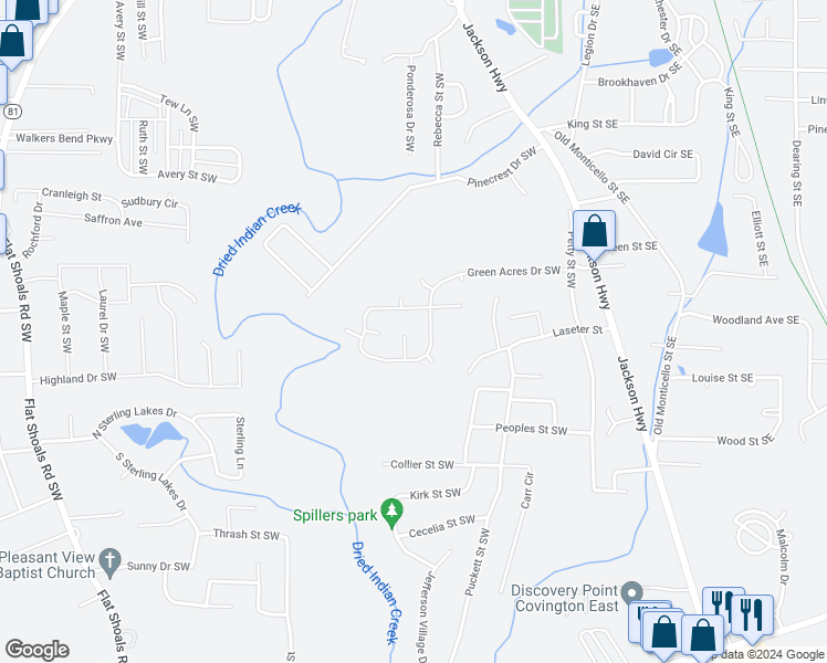 map of restaurants, bars, coffee shops, grocery stores, and more near 7107 Green Acres Court Southwest in Covington
