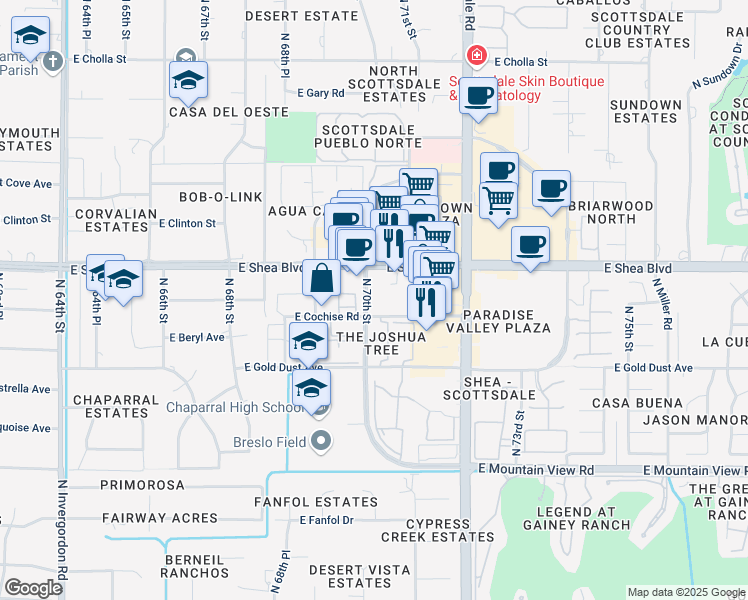 map of restaurants, bars, coffee shops, grocery stores, and more near 7010 East Cochise Road in Scottsdale