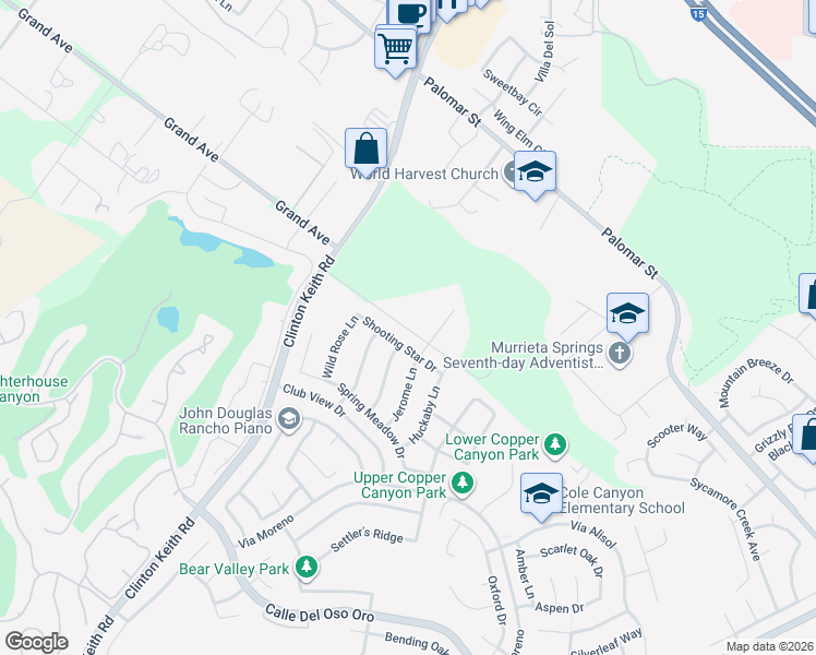 map of restaurants, bars, coffee shops, grocery stores, and more near Rancho Mirlo Road in Wildomar