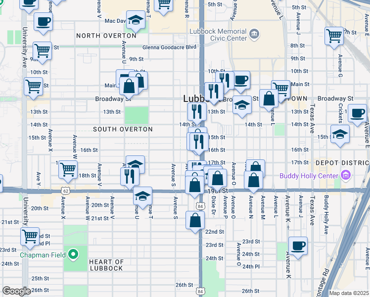 map of restaurants, bars, coffee shops, grocery stores, and more near 1707 16th Street in Lubbock