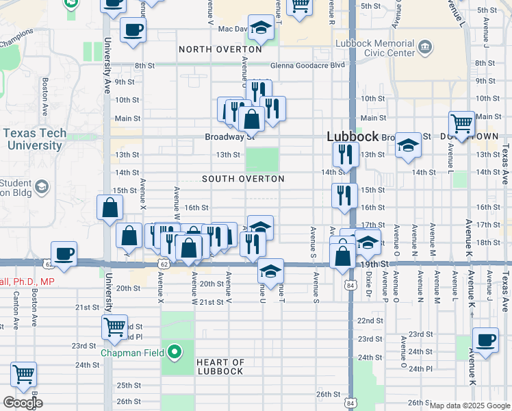 map of restaurants, bars, coffee shops, grocery stores, and more near 2101 16th Street in Lubbock
