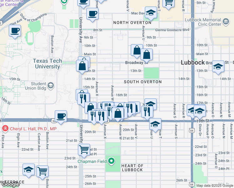 map of restaurants, bars, coffee shops, grocery stores, and more near 2209 16th Street in Lubbock