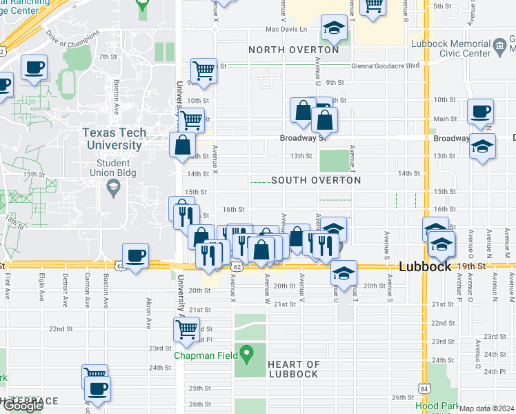 map of restaurants, bars, coffee shops, grocery stores, and more near 2209 16th Street in Lubbock