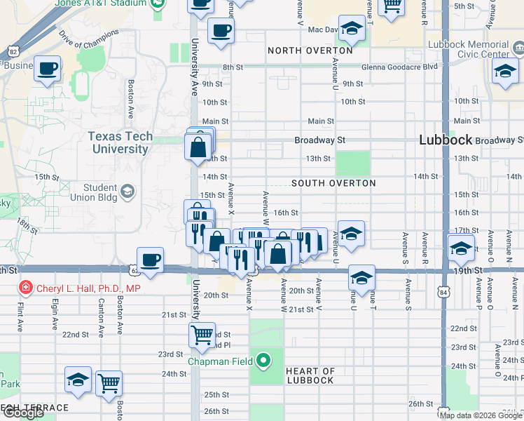map of restaurants, bars, coffee shops, grocery stores, and more near 1604 Avenue W in Lubbock