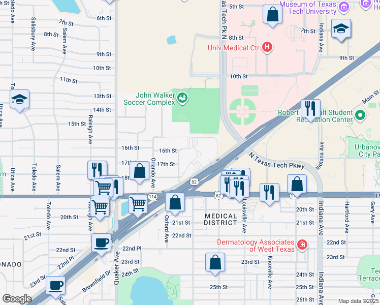 map of restaurants, bars, coffee shops, grocery stores, and more near 15 Norfolk Avenue in Lubbock