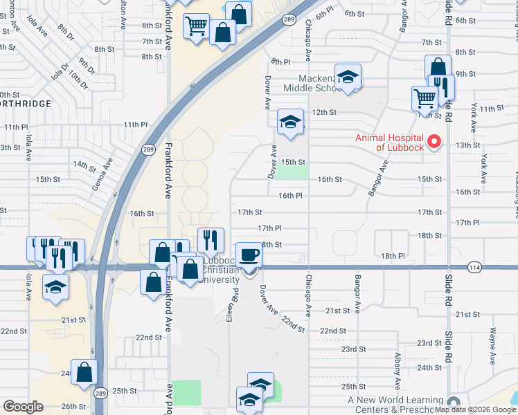 map of restaurants, bars, coffee shops, grocery stores, and more near 5527 17th Street in Lubbock
