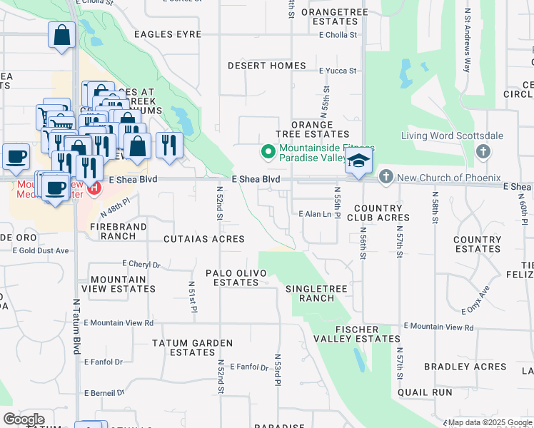 map of restaurants, bars, coffee shops, grocery stores, and more near 5335 East Shea Boulevard in Scottsdale