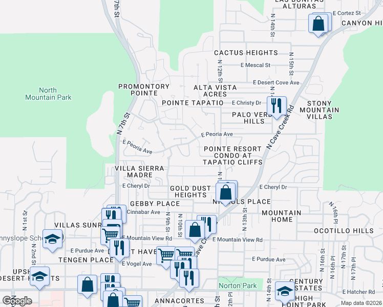 map of restaurants, bars, coffee shops, grocery stores, and more near 10407 North 10th Place in Phoenix