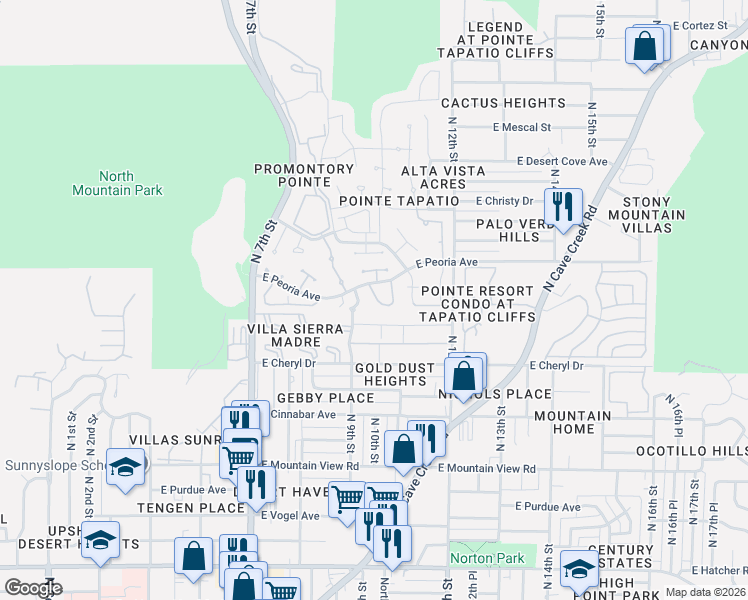 map of restaurants, bars, coffee shops, grocery stores, and more near 10407 North 9th Street in Phoenix