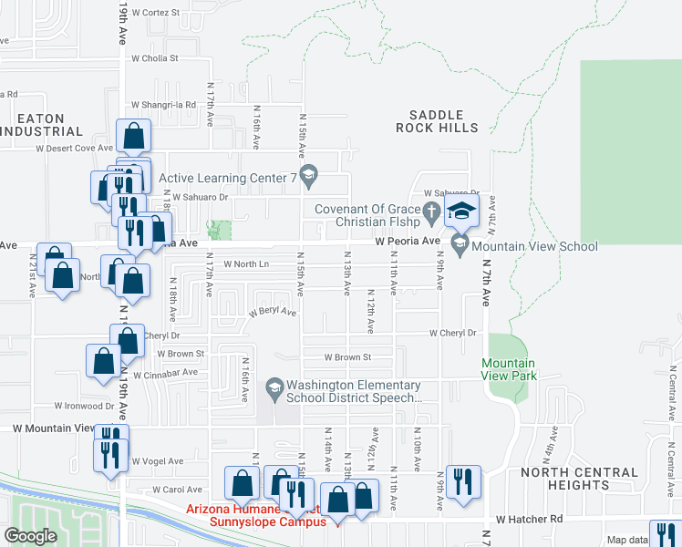 map of restaurants, bars, coffee shops, grocery stores, and more near 1240 West Cochise Drive in Phoenix