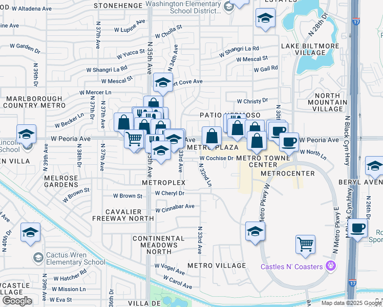 map of restaurants, bars, coffee shops, grocery stores, and more near 10401 North 33rd Avenue in Phoenix