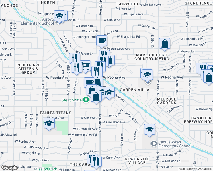 map of restaurants, bars, coffee shops, grocery stores, and more near 4251 West Camino Acequia in Phoenix