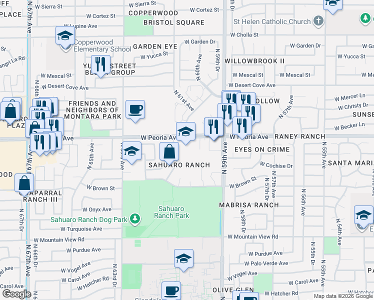 map of restaurants, bars, coffee shops, grocery stores, and more near in Glendale