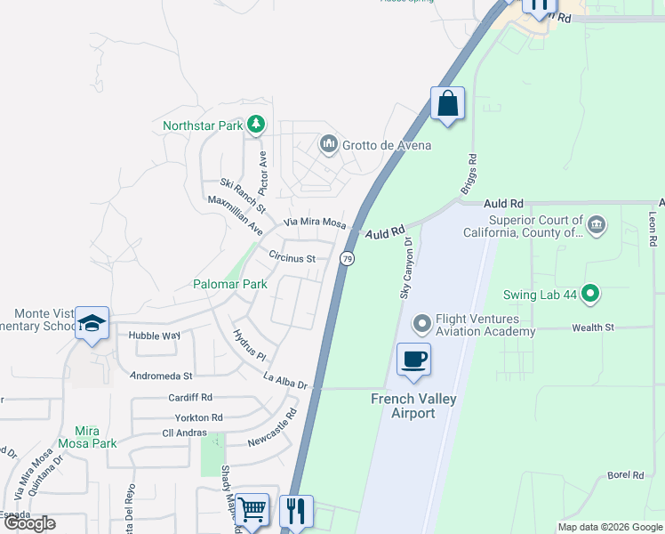 map of restaurants, bars, coffee shops, grocery stores, and more near 37044 Ascella Lane in Murrieta