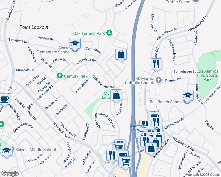 map of restaurants, bars, coffee shops, grocery stores, and more near 24599 Calle San Vicente in Murrieta