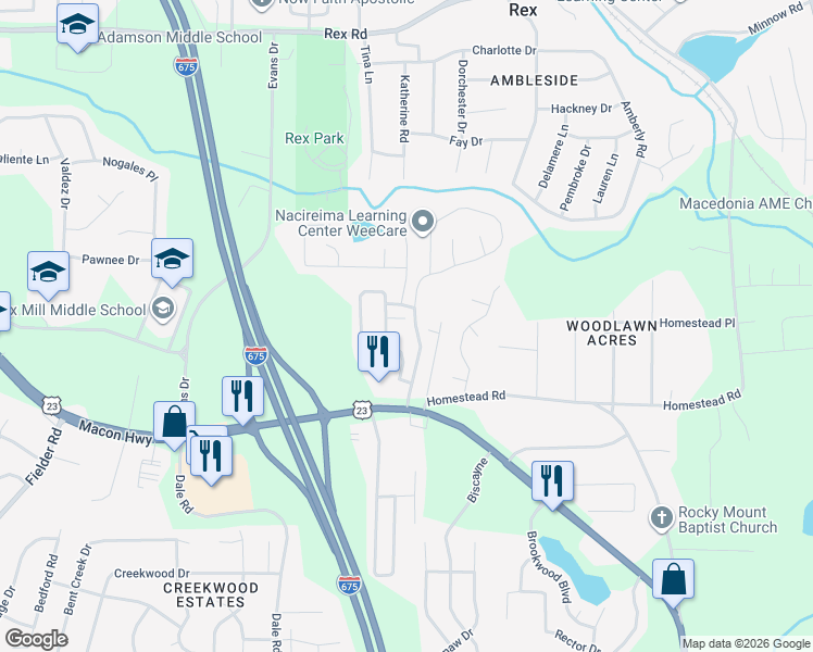 map of restaurants, bars, coffee shops, grocery stores, and more near 6379 Crooked Creek Drive in Rex