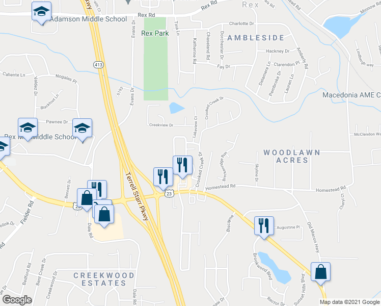 map of restaurants, bars, coffee shops, grocery stores, and more near 6379 Crooked Creek Drive in Rex