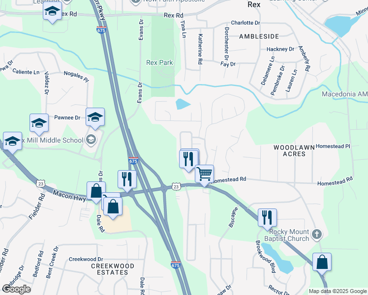 map of restaurants, bars, coffee shops, grocery stores, and more near 6188 Ellenwood Drive in Rex