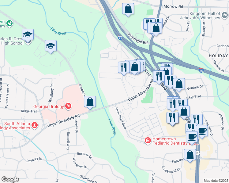 map of restaurants, bars, coffee shops, grocery stores, and more near 221 Upper Riverdale Road in Jonesboro
