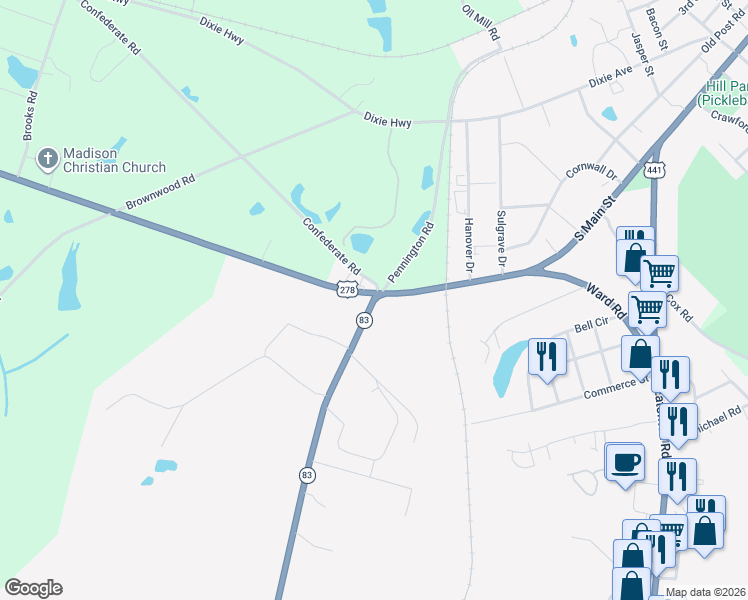 map of restaurants, bars, coffee shops, grocery stores, and more near 1061-1067 Monticello Road in Madison