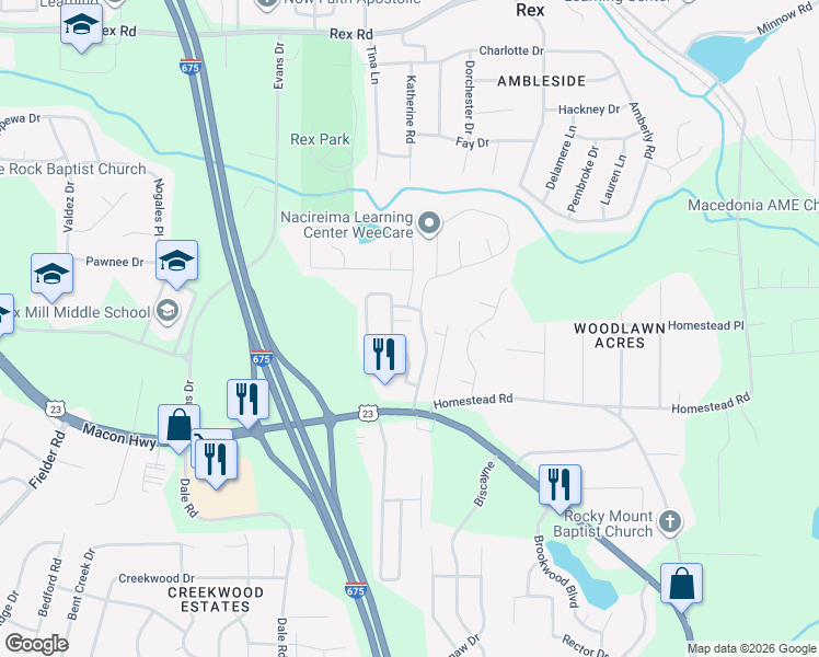 map of restaurants, bars, coffee shops, grocery stores, and more near 3581 Rock Ridge Drive in Rex