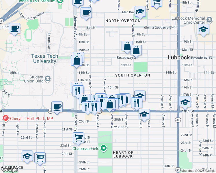 map of restaurants, bars, coffee shops, grocery stores, and more near 2209 16th Street in Lubbock