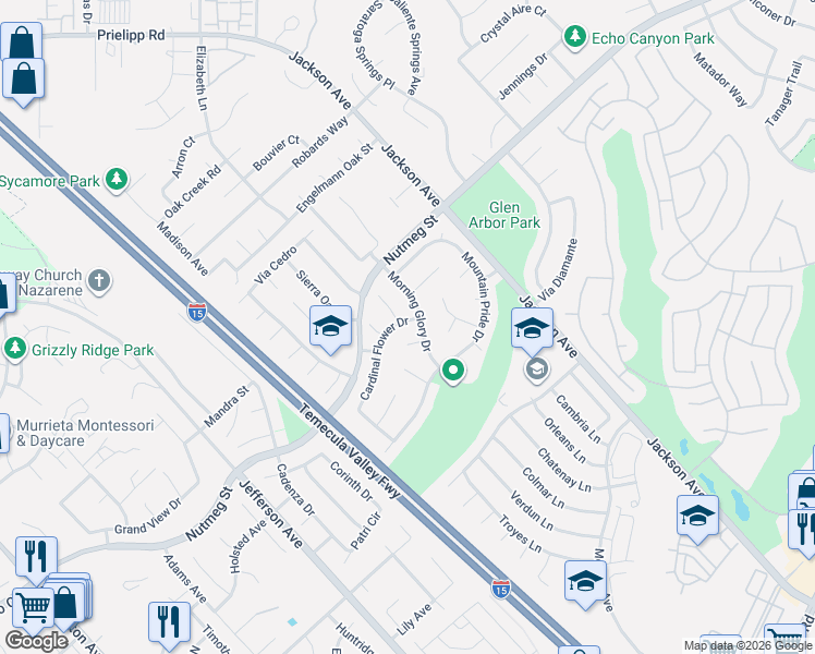 map of restaurants, bars, coffee shops, grocery stores, and more near 40976 Cardinal Flower Drive in Murrieta