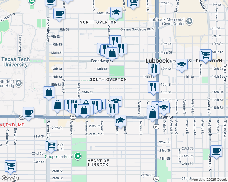map of restaurants, bars, coffee shops, grocery stores, and more near 2101 16th Street in Lubbock