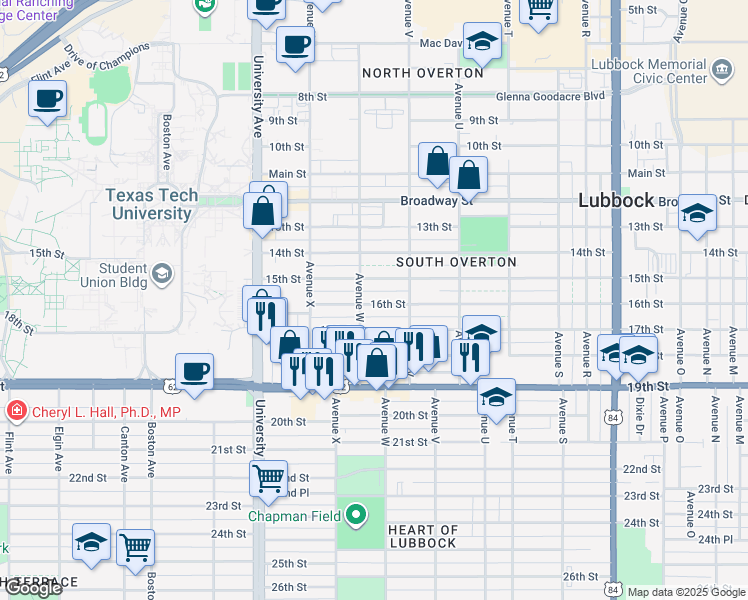 map of restaurants, bars, coffee shops, grocery stores, and more near 2209 16th Street in Lubbock