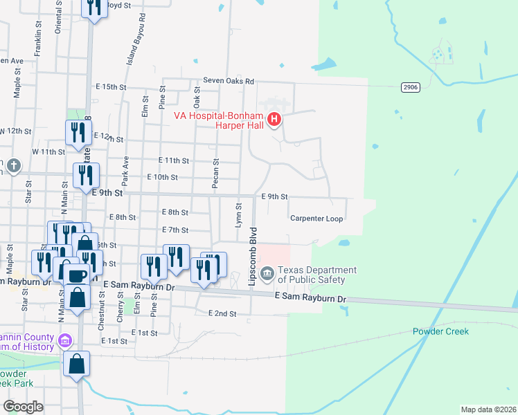 map of restaurants, bars, coffee shops, grocery stores, and more near 718 Lipscomb Street in Bonham