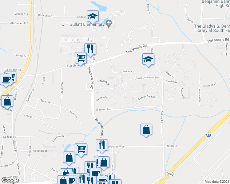 map of restaurants, bars, coffee shops, grocery stores, and more near Portsmouth Drive in Union City