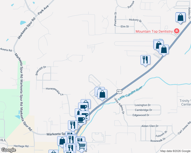 map of restaurants, bars, coffee shops, grocery stores, and more near 2037 Plantation Parkway in Moody