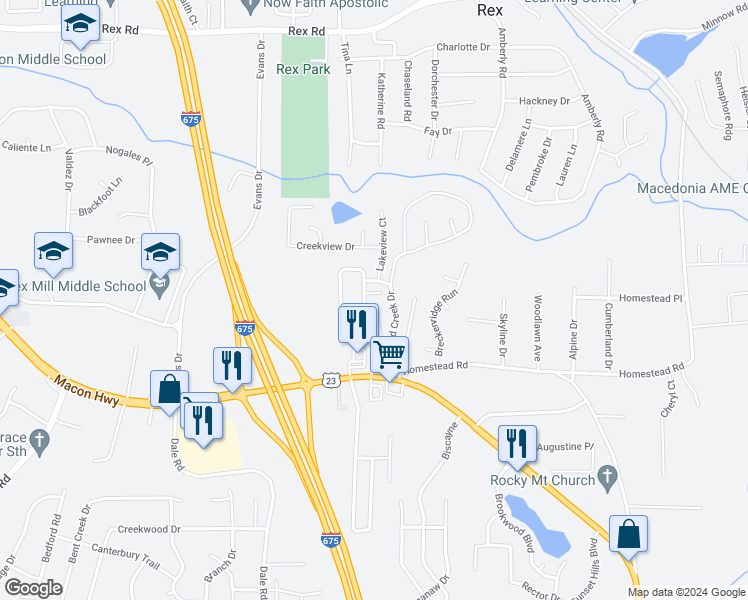 map of restaurants, bars, coffee shops, grocery stores, and more near 3573 Rock Ridge Drive in Rex