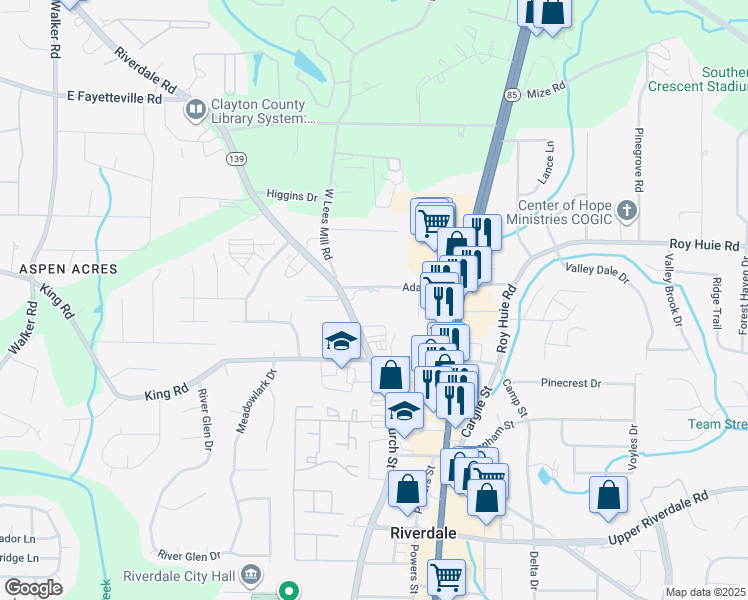 map of restaurants, bars, coffee shops, grocery stores, and more near 6390 Church St in Riverdale