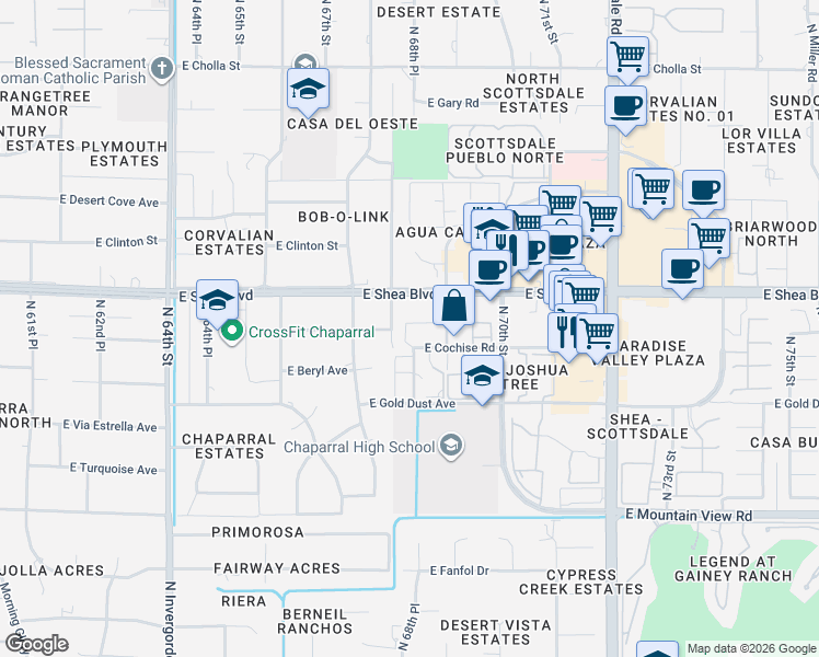 map of restaurants, bars, coffee shops, grocery stores, and more near 6817 East North Lane in Scottsdale