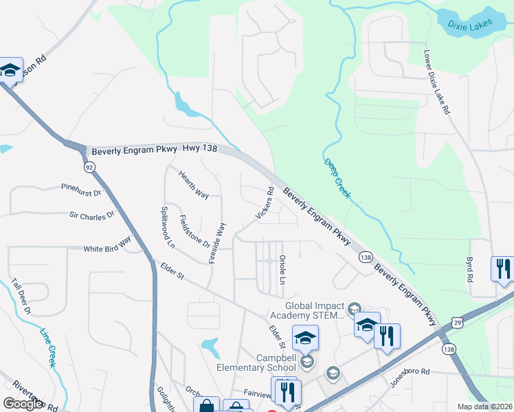 map of restaurants, bars, coffee shops, grocery stores, and more near 369 Vickers Road in Fairburn