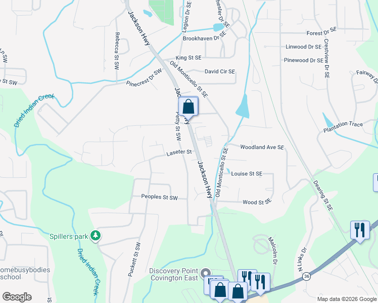 map of restaurants, bars, coffee shops, grocery stores, and more near 6113 Petty Street Southwest in Covington