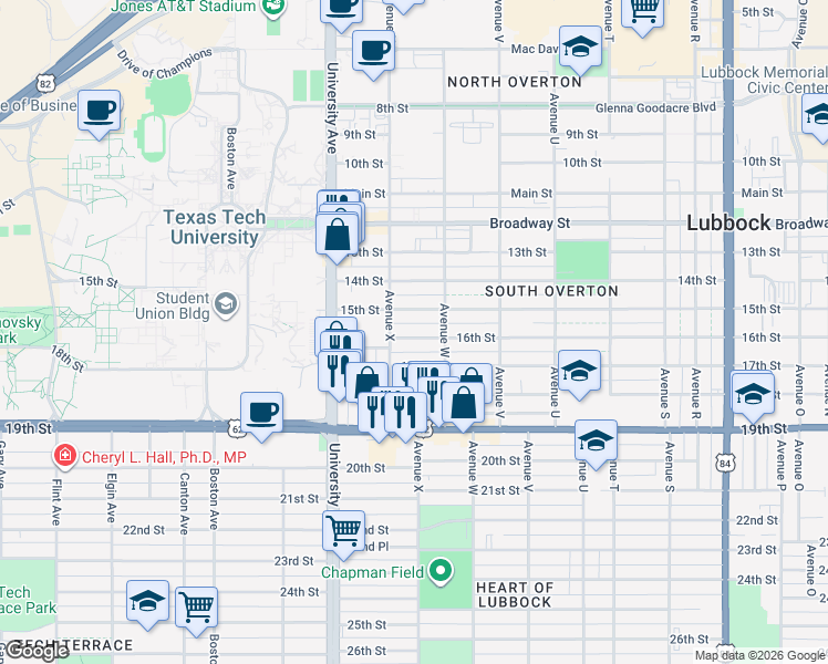 map of restaurants, bars, coffee shops, grocery stores, and more near 2319 16th Street in Lubbock