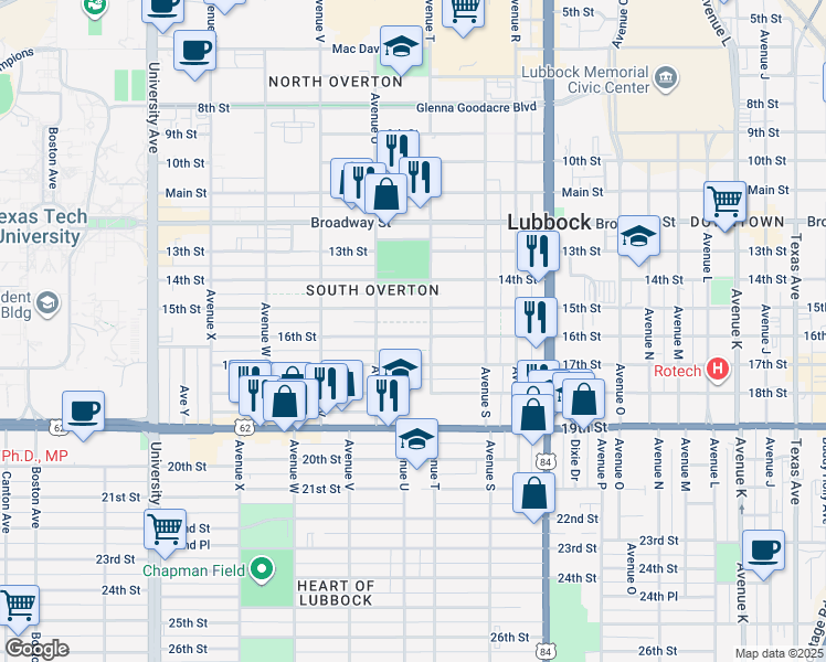 map of restaurants, bars, coffee shops, grocery stores, and more near 2008 16th Street in Lubbock