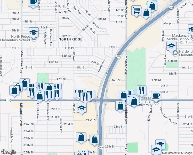 map of restaurants, bars, coffee shops, grocery stores, and more near 5859 16th Street in Lubbock