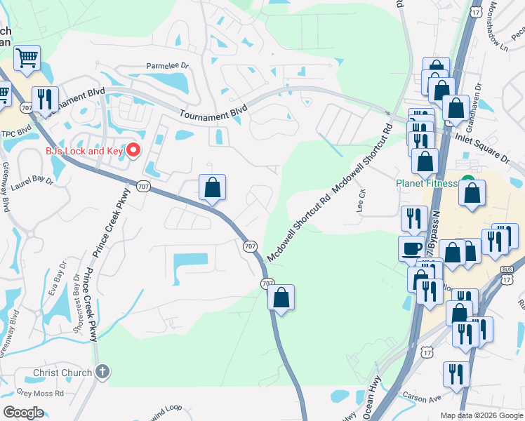 map of restaurants, bars, coffee shops, grocery stores, and more near 11290 Mcdowell Shortcut Road in Murrells Inlet
