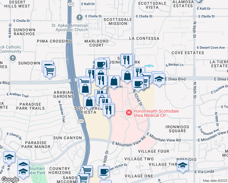 map of restaurants, bars, coffee shops, grocery stores, and more near in Scottsdale