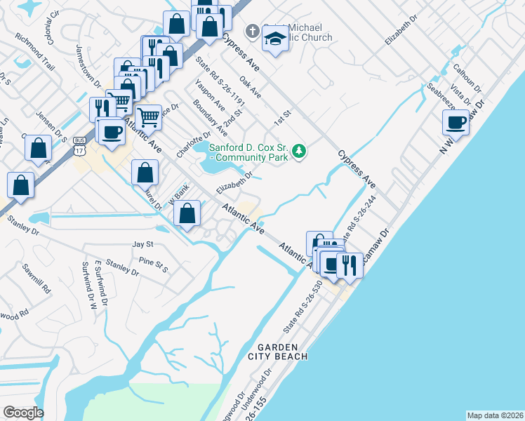 map of restaurants, bars, coffee shops, grocery stores, and more near 314 Atlantic Avenue in Murrells Inlet