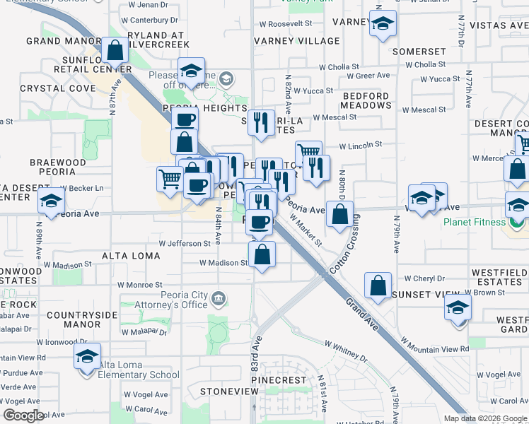 map of restaurants, bars, coffee shops, grocery stores, and more near NW Grand Ave & N 83rd Ave in Peoria