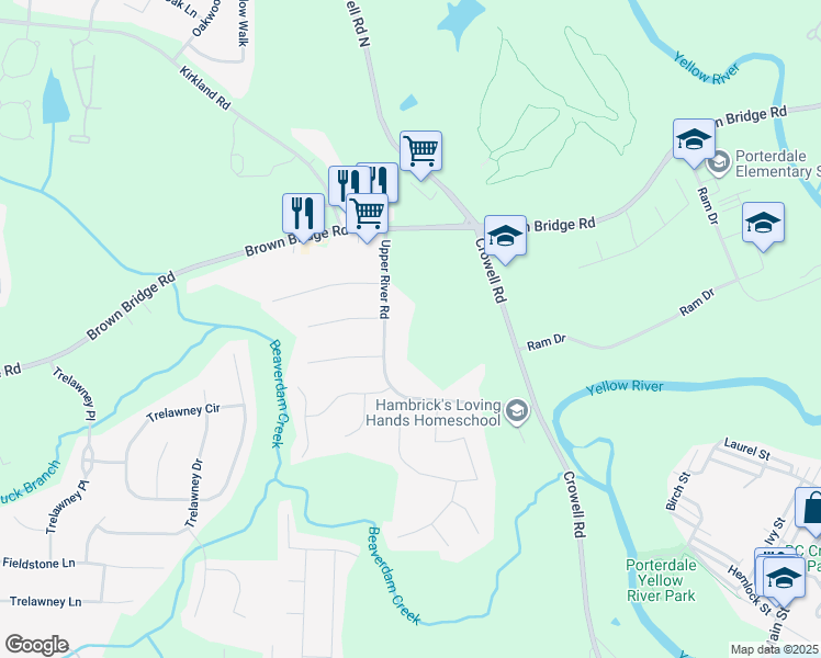 map of restaurants, bars, coffee shops, grocery stores, and more near 232 Upper River Road in Covington