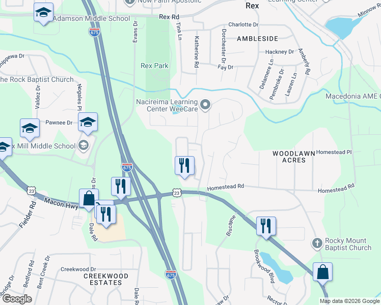map of restaurants, bars, coffee shops, grocery stores, and more near 6188 Ellenwood Drive in Rex