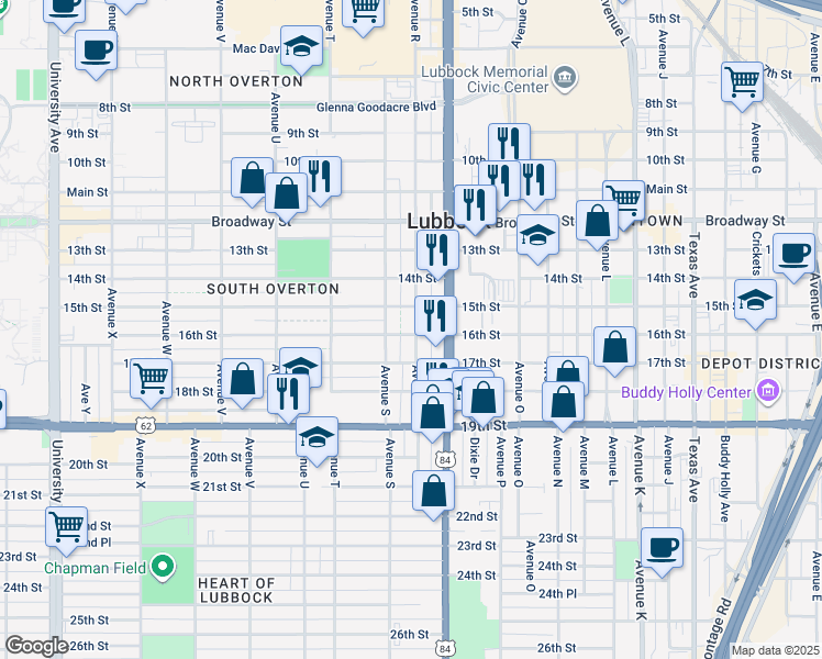 map of restaurants, bars, coffee shops, grocery stores, and more near 1707 16th Street in Lubbock